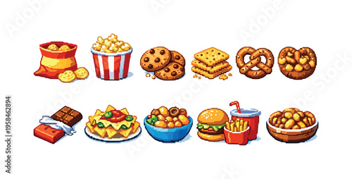 Pixel art collection of various popular snack foods and fast food items