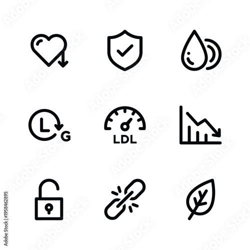 Set of health and finance icons representing heart health and security.