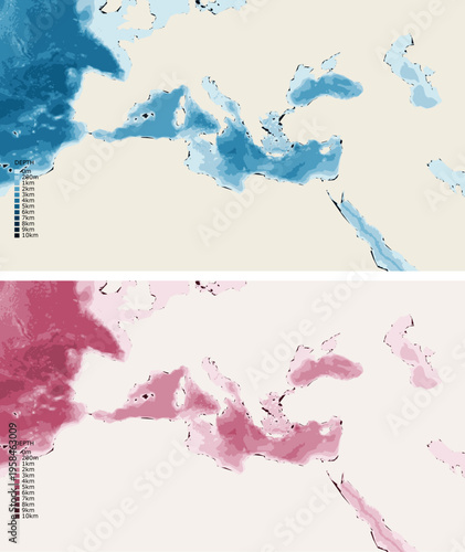 Mediterranean Bathymetric Ocean Depth Map - Conic Equidistant Projection - Scalable Multi-Color Seafloor Relief Topography with Depth Legend Showing Continental Shelves Mid-Ocean Ridges and Abyssal