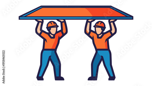 Construction Crew teamwork: Two construction workers collaborate to lift and position a large rectangular structure. Showcasing the power of teamwork and precision in building industry.
