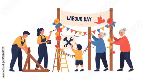 Labour Day Celebration: A diverse group of people from different generations collaborate, engaging in various festive tasks with enthusiasm and unity.