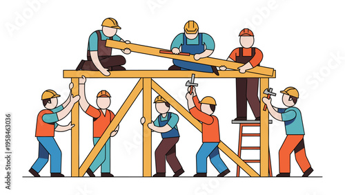 Building Progress: A team of construction workers collaborate to build a wooden structure, each member playing a crucial role in the process.