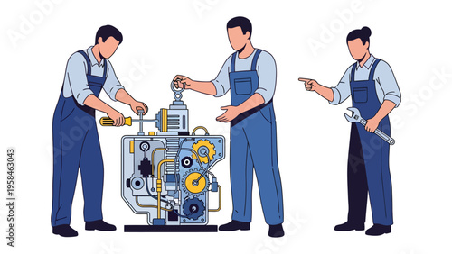 Engineering Assembly: Three skilled engineers meticulously assemble intricate machinery, working in harmony to bring a complex mechanism to life. 