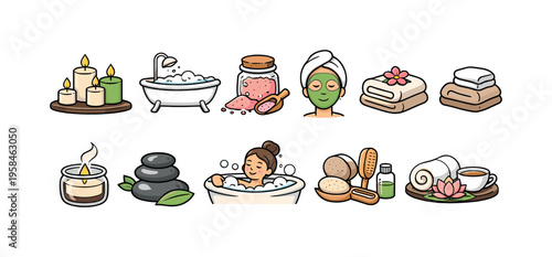 Relaxing spa and wellness icons for self-care and beauty treatments