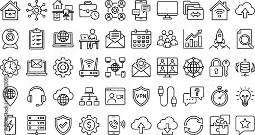 Technology Communication Network Line Icon Set with Cloud Data Transfer VPN Smart Home Devices Messaging Connectivity Security Collaboration Symbols for Websites Apps UI UX Design