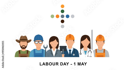 Labor Day Celebration: An illustration of a diverse group of workers, each representing a different profession, standing together in solidarity.
