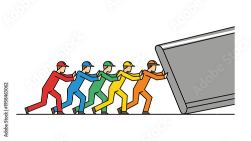 United Push: A dedicated group of workers, united in a collective effort, apply their combined strength to move a heavy object.