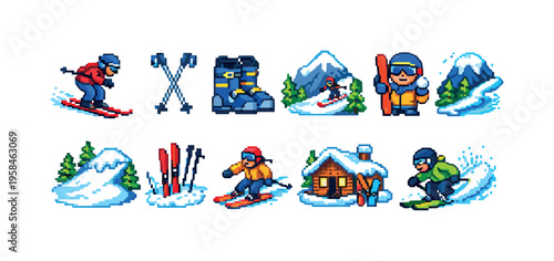 Pixel art collection of skiers and winter mountain scenes for sports and recreation
