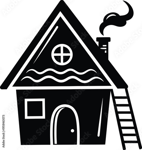 A simple black and white illustration of a house with a ladder and smoke coming out of the chimney