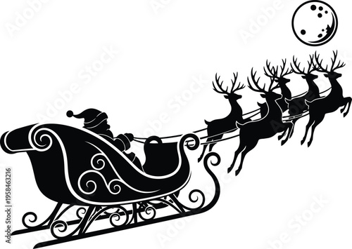 Santa claus riding in sleigh pulled by reindeer under full moon
