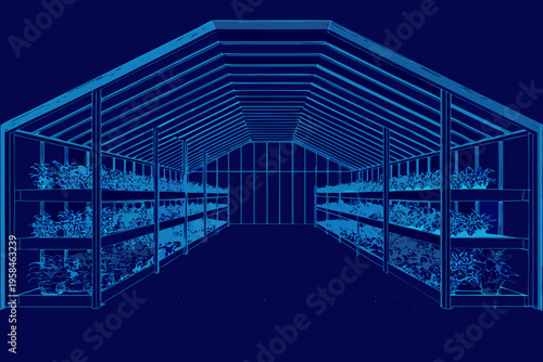 Blueprint of a greenhouse interior with multiple stacked plant shelves