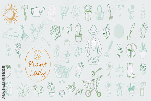 A charming collection of hand drawn gardening tools plants and a plant lady