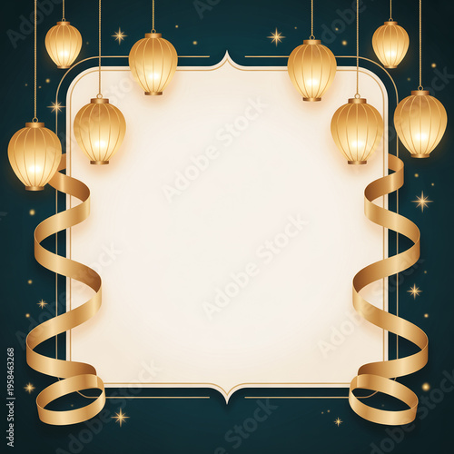 Golden ornate frame with glowing edison bulbs on deep blue backdrop golden frame hanging lights