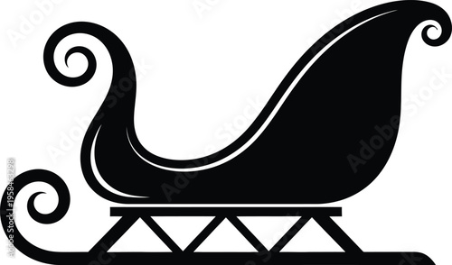 A black silhouette of a traditional christmas sleigh with curved runners and a decorative design