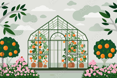 A charming greenhouse filled with orange trees and blossoming pink flowers