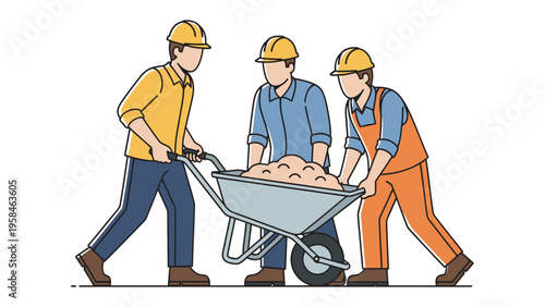 Construction Team and Wheelbarrow: A construction team collaborates, pushing a wheelbarrow filled with sand, teamwork on the construction site.