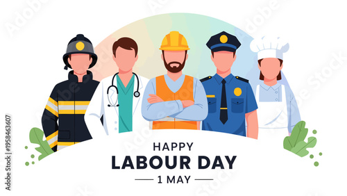 Happy Labor Day Celebration: A diverse group of professionals celebrates Labor Day, embodying unity and appreciation for all workers.