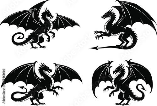 Collection of four unique black dragon silhouettes in various poses