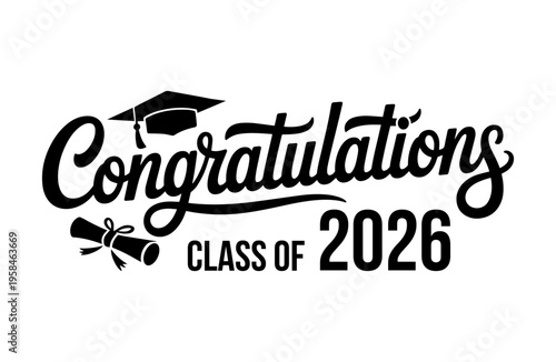 Class of 2026 Congratulations Script Typography with Cap and Scroll Graduation Vector Illustration