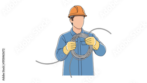 Construction worker with cable : A dedicated construction worker, clad in work attire and protective gear, is carefully handling a coiled cable, showing the essence of the work, in modern.