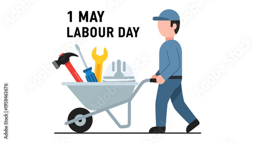 Labor Day Worker: A skilled worker pushes a wheelbarrow filled with essential tools, symbolizing the spirit of Labor Day.