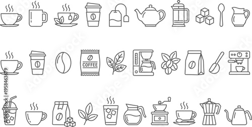 Coffee and Tea Line Icon Set with Cup Teapot Beans Espresso Machine Takeaway Mug Sugar Grinder Brewing Symbols for Cafe Menu Websites Apps UI Design