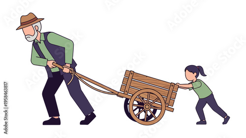 A Journey of Partnership: An elderly figure and a young companion collaborate, traversing together with a wooden cart.