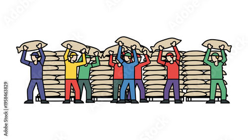 Harvest Workers: Illustrative depiction of agricultural laborers working harmoniously, lifting heavy sacks with focus and coordination.
