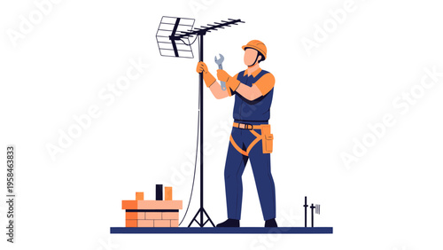 Antenna Installation and Repair: A technician in protective gear installs or repairs an antenna on a tall pole, holding a wrench and focused on the task.