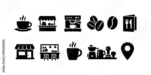 Collection of coffee shop and cafe icons, representing various aspects of the business