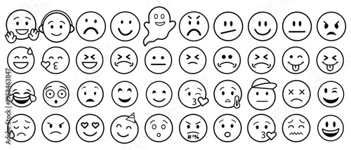 Collection of various emoticon faces on white background