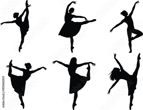 Silhouettes of six ballet dancers in various poses on white background