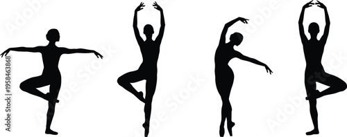 Four silhouette yoga poses in various stages of balance and stretch