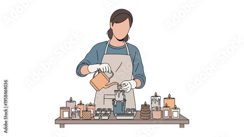 Artisan Crafting Candles: An artisan meticulously crafts candles, pouring wax with precision, amidst a setting of jars, and tools, embodying the art of candle making