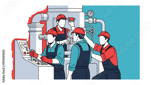 Teamwork in Industry: A focused group of workers collaborate on machinery, ensuring smooth operations in an industrial setting. Emphasizing precision and expertise.