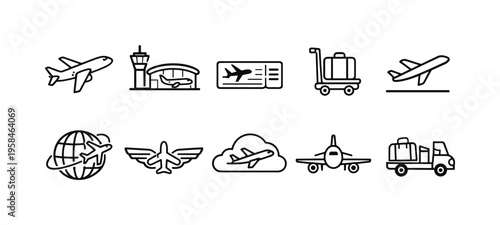 Collection of simple line art icons representing air travel and aviation services