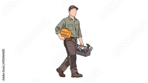 CraftsMan isolated: a CraftsMan in working attire, strides forward holding his tools, a beacon of expertise and readiness.
