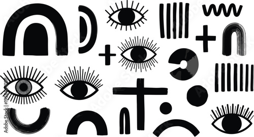Set of hand drawn vector abstract shapes featuring minimalist geometric elements mystic eye symbols and organic black ink strokes for modern branding and contemporary artistic backgrounds.