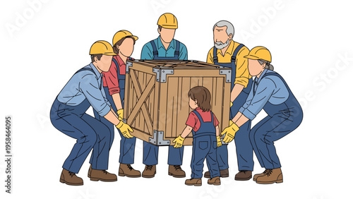 Team Effort: A group of construction workers unites, working as one to move a heavy crate, symbolizing unity, collaboration, and collective endeavor. 