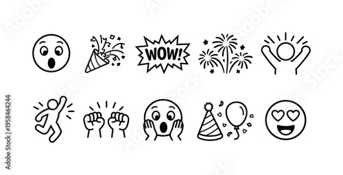 Collection of celebration and excitement icons, including emojis and party elements