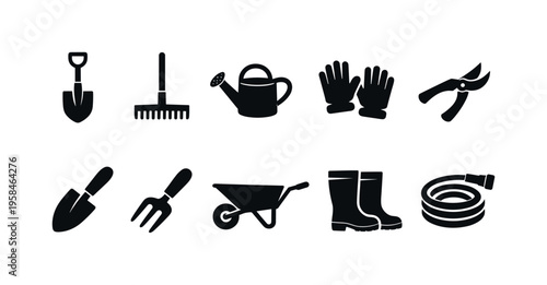 Collection of black silhouette icons representing various gardening tools and equipment