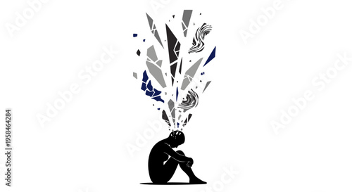 Person sitting in distress with abstract shapes exploding from head in black gray and blue hues