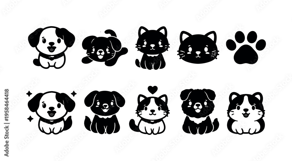 Fototapeta premium Cute cartoon puppies and kittens in black and white, a playful collection