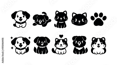 Cute cartoon puppies and kittens in black and white, a playful collection