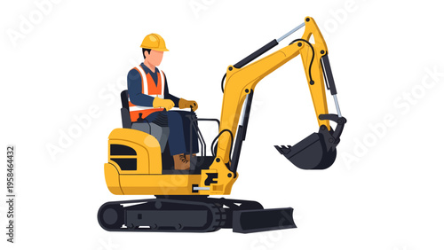 Operator on Excavator: An illustration of construction worker skillfully operating a yellow excavator at a construction site, ready to excavate with precision and power.