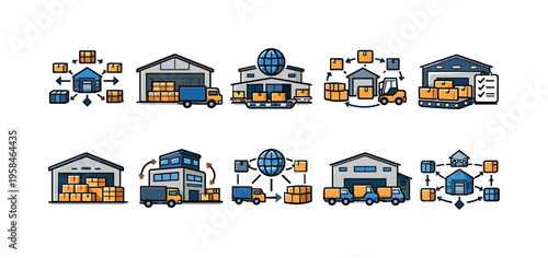 Logistics and supply chain icons showing warehouses, trucks, and global distribution networks
