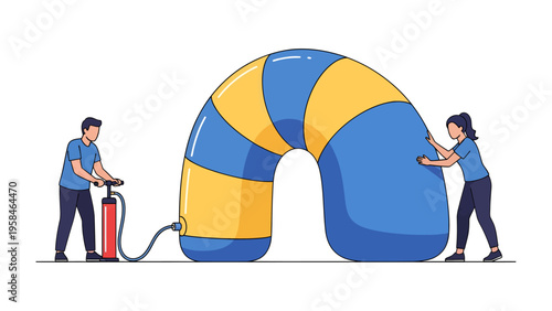 Inflatable structure preparation: An illustration captures the collaborative effort of two people inflating a large, curved inflatable structure.