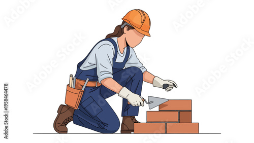 Builder At Work: A skilled builder, focused on precision and skill, meticulously lays bricks. The image evokes a sense of dedication and the creation of structures.