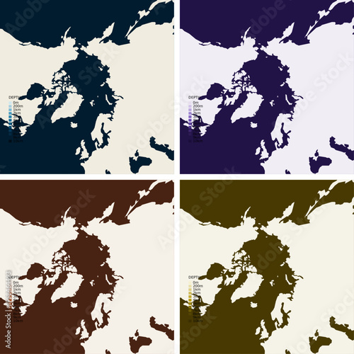 North Polar Great Circles Bathymetric Ocean Depth Map - Gnomonic Projection - Scalable Multi-Color Seafloor Relief Topography with Depth Legend Showing Continental Shelves Mid-Ocean Ridges and
