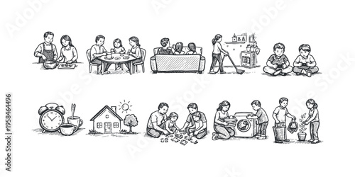 Diverse family activities depicted in a charming hand-drawn sketch style